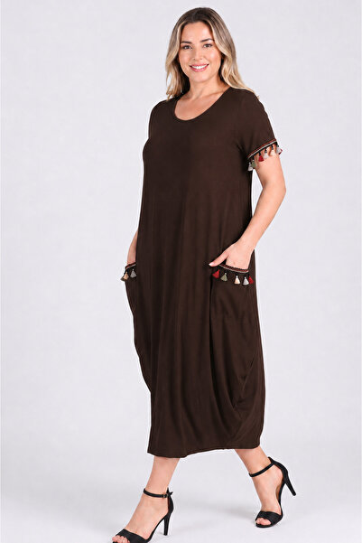 Curvy Trend Plus Size Wide Hem Short Sleeve Dress with Tassels on the Sleeves...