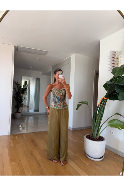 MERVE AKSOY Kosy Dökümlü Saten Pantolon - Haki