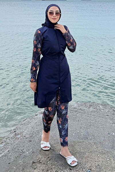 hafsamina Μαγιό με σχέδια και στάμπες, ολόσωμο, σκούρο μπλε HM2931