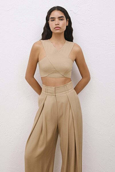rue Arkadan Fermuarlı Kruvaze Crop Camel Büstiyer