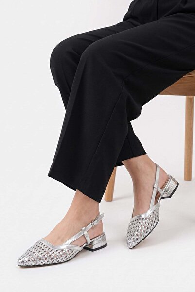 SEFERİ Women's Silver Knitted Detailed Thick Short Heeled Babet Shoes