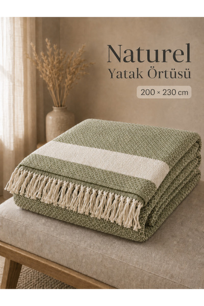 nnevora Naturel Çift Kişilik Yatak Örtüsü 200x230 cm Saçaklı Dokuma Koltuk Ör...