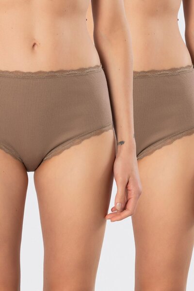 TÜREN Women's Lycra Ribbed Lace High Waist Panties 2-Pack 929/Mink