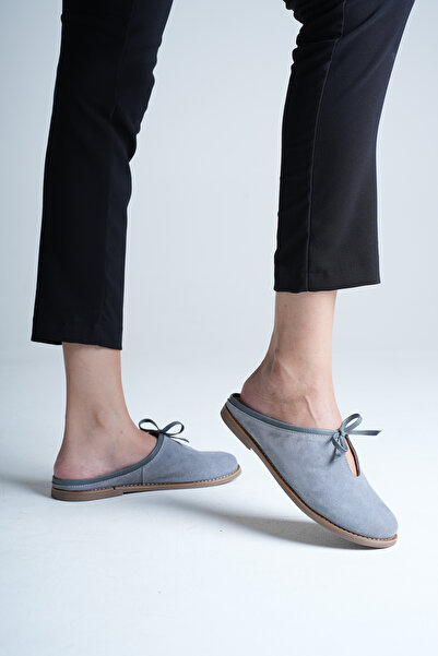 ANALİN SHOES Women's Genuine Leather Flat Slippers with Bow Detail - Gray Suede
