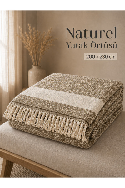 nnevora Naturel Çift Kişilik Yatak Örtüsü 200x230 cm Saçaklı Dokuma Koltuk Ör...