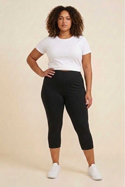 enmodaiçgiyim Women's Black Plus Size Cotton Lycra Below Knee Capri Leggings ...