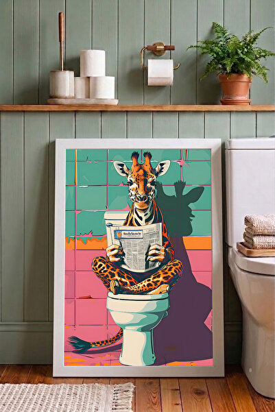 Günışığı Atölyesi Eğlenceli Zürafa Banyo Çerçeveli Tablo - Komik Tuvalet WC D...