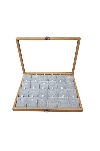 ÖZER KUTU Camlı Süet Bölmeli Kolye Küpe Tablası (Ahşap Kasalı) 18'li