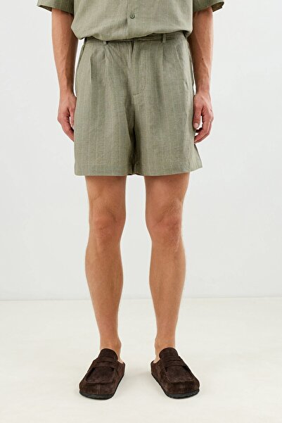 Antioch Khaki Linen Blend Striped Pleated Shorts