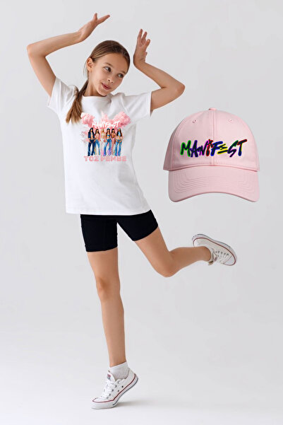Generic Brand Manifest Group Dusty Pink Printed Girls' T-Shirt & Manifest Printed Dusty Pink Hat