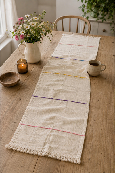 Q-İN Çeyizlik Natural Raw Linen Runner |   Bohemian Decorative Tablecloth Runner