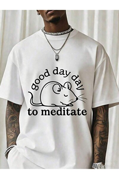 NOURAM Good Day To Meditate Mouse T Shirt Men Black Graphic Tee With Cute Rat...