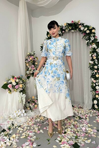 Nils Boutique Kemer Detaylı Çiçekli Midi Elbise