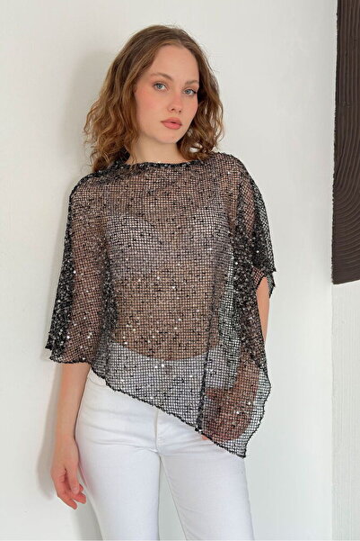 VERYMODA Asymmetrical Cut Bat Sleeve Sequin Blouse - Black |   D3118
