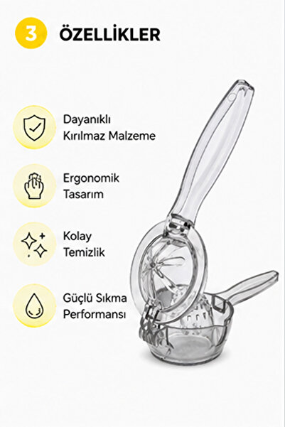 LİRAZON Şeffaf Hazneli Limon Sıkacağı Narenciye Sıkacağı Meyve Sıkacağı BPA İçermez Limon Sıkma Aparatı Ergonomik Tasarım