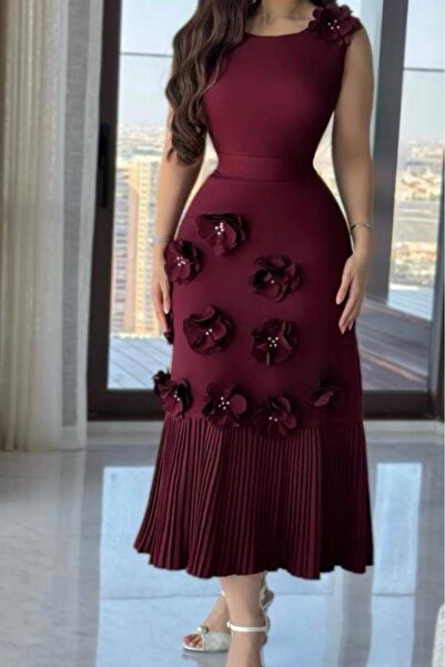 HASNAADRESS Selen Soft Midi Dress Burgundy