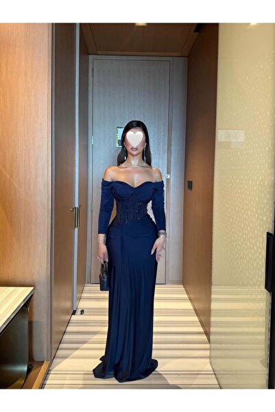 Ayaen Enchanting Navy Blue Dress with Off-The-Shoulder Neckline and Ruched Wa...