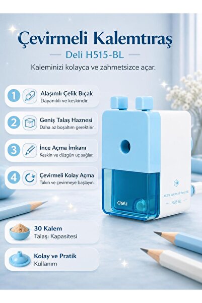 Deli H515-BL Çevirmeli Kalemtıraş – Geniş Hazneli, Dayanıklı Çelik Bıçaklı Ma...