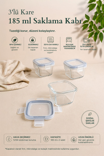 KHAKMA Set of 3 185 ml Glass Storage Containers with Leak-Proof Lids