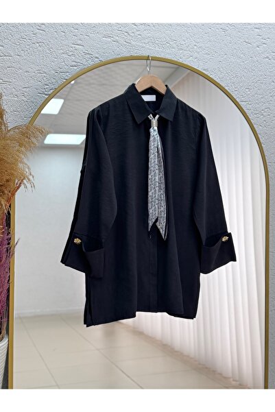 Holehola Adıgül Hidden Placketed Scarf Sleeve Cuffed Tunic-Şa1192 Black