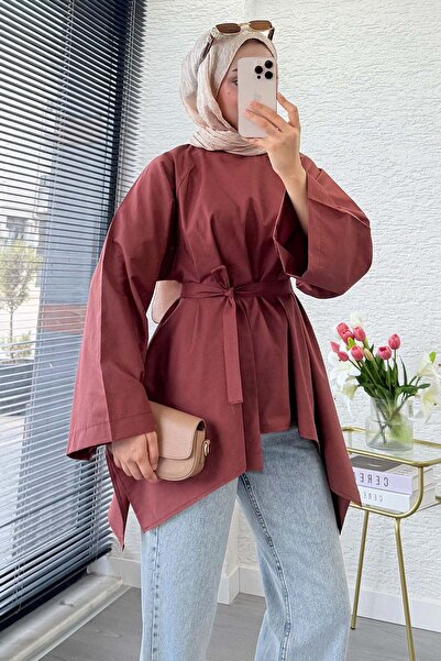 MELEK ARAZ Premium Asimetrik Kesim Kuşaklı Poplin Bluz - Kiremit
