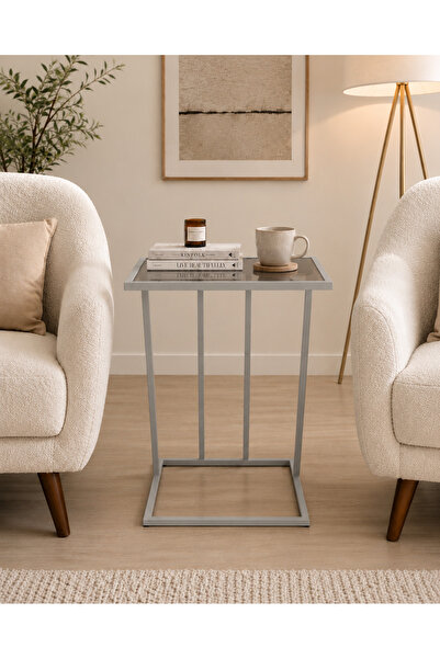 AVİBO HOME Nirvana Açık Gri Füme Cam Yan Sehpa C sehpa 50*40*60 Modern Sehpa