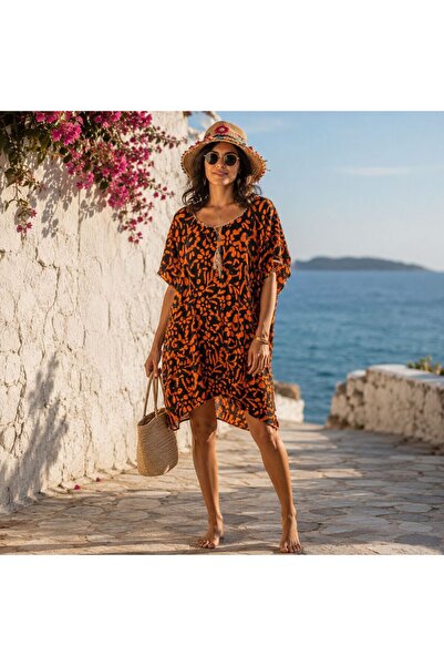 BIJUTERI Par-13044 Black Orange Tie-Dye Patterned Laser Beach Dress & Pareo |...
