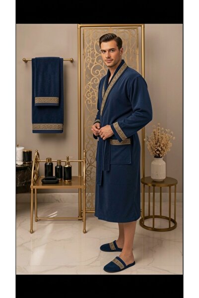 ars aras home textile %100 Pamuk Kadife Bornoz Seti 4 Parça - Greek Desen Lüks Hamam/Çeyizlik Banyo Havlu Ve Bornoz Takımı