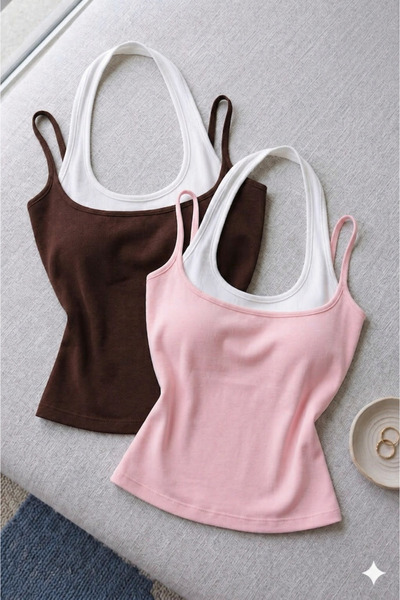 ÖZ PAMUK Pack of 2 Women's Halter Neck Double Color Soft Blouse Undershirt