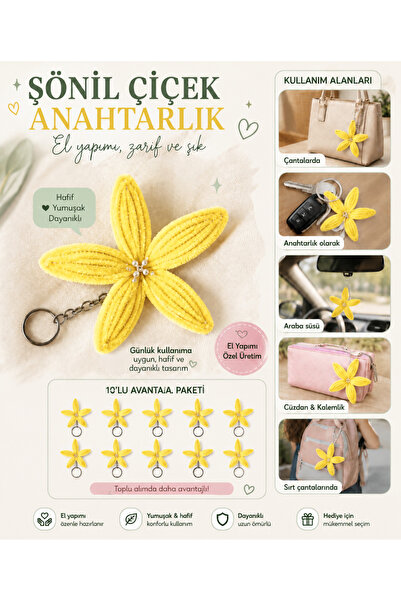 Design Elfida Şönil Çiçek Anahtarlık 10'lu Paket /El Yapımı / Çanta Süsü / Nikah, Söz, Nişan ve Doğum Günü Hediyeliği.