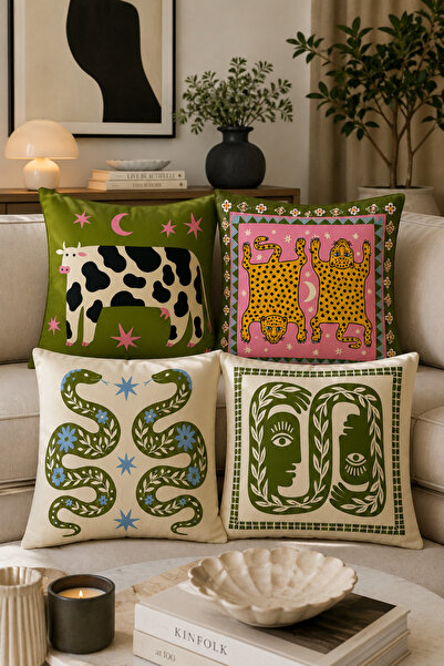 stellahomes Bohemian Green Ethnic Patterned Set of 4 Decorative Throw Pillow ...