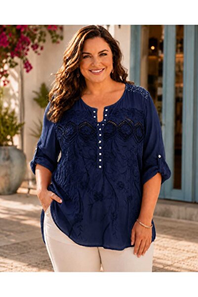 Butik Şans Women's Double Italian Blouse with Guipure Embroidery and Stone De...