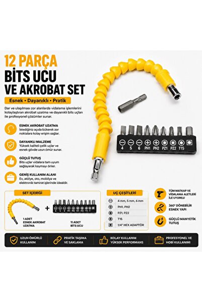 Trendhane 12 Parça Bits Ucu ve Akrobat Seti | Esnek Vidalama Aparatı | Manyet...