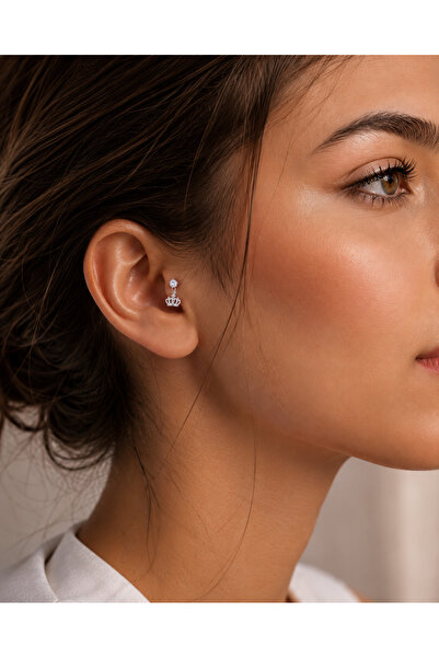 ArzaCollection Paslanmaz Çelik Zirkon Taşlı Sallantılı Taç Sİlver Tragus Küpe...