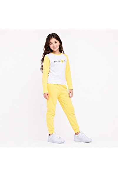 PALM PEANUTS Girls Cotton Long Sleeve Top & Jogger Pants Set – White & Yellow...
