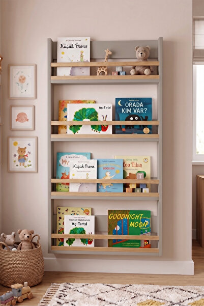 Yurudesign Blom 4 Raflı Montessori Çocuk Odası Kitaplığı Rafı 120x64x10cm Kay...