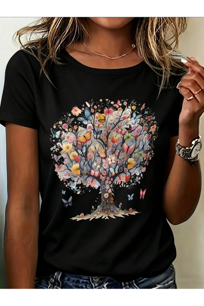 121 Women's Multicolor Butterfly Flower Tree Print T-Shirt, Crew Neck, Regula...
