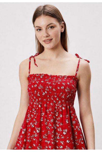 exxit collection Patterned Cotton Long Summer Red Patterned Women's Dress - Shoulder Tie Strap Gathered Gipeli Women's Comfortable Dress