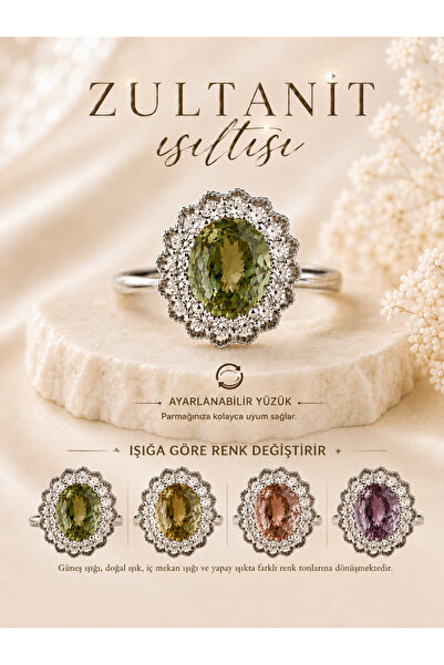 Yudi Atelier Zultanit Işıltılı Vintage Halo Yüzük | Renk Değiştiren Taş | Sev...