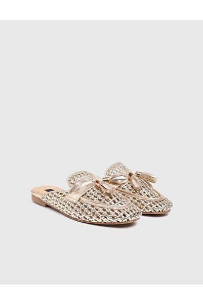 İLVİ Benora Genuine Knitted Leather Women's Gold Color Slippers