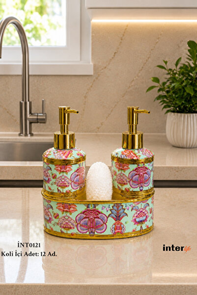 İnterlife Luxury Liquid Soap Dispenser Set with Sponge Holder, Porcelain Soap...