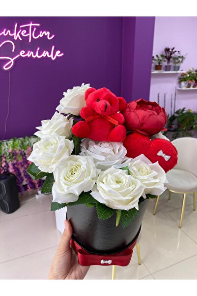 Buketim Seninle Concept Flower Arrangement Box, Box with Teddy Bear, Gift for...