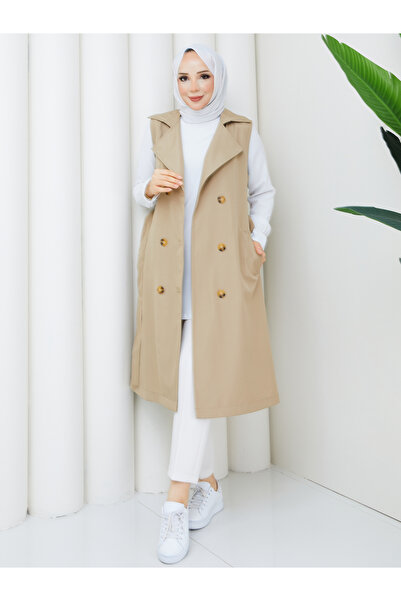 RACE FASHİON Women's Double-Breasted Buttoned Belted Long Vest Rc3150