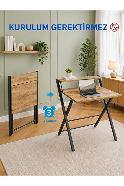 AYZ Metal Ayaklı Laptop Masası Katlanır Çalışma Masası Raflı Masa Katlanır La...