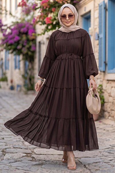 hafsamina Waist Tie Ruffle Detailed Lined Chiffon Dress Brown Hm2942