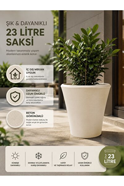 Hep İndirimli Beton Görünümlü Plastik Çiçek Saksısı 38 Cm 23 Litre