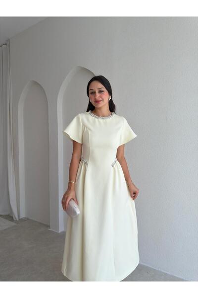 Mooi Butik Senori̇ta Stone Detailed Midi Dress 3769 - Yellow