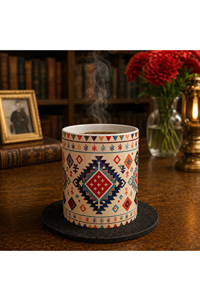 Mergen Craft&Studio Türk Kilim Motifli Baskılı Porselen Kupa Bardak | Etnik D...