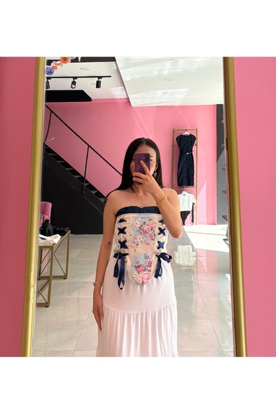 Lookluxurybutik Çiçek Desenli Bağcık Detaylı Straplez Korsw