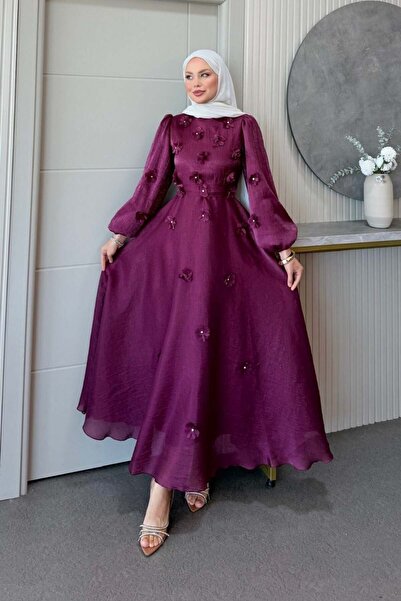 Şule Giyim Flower Evening Dress Plum